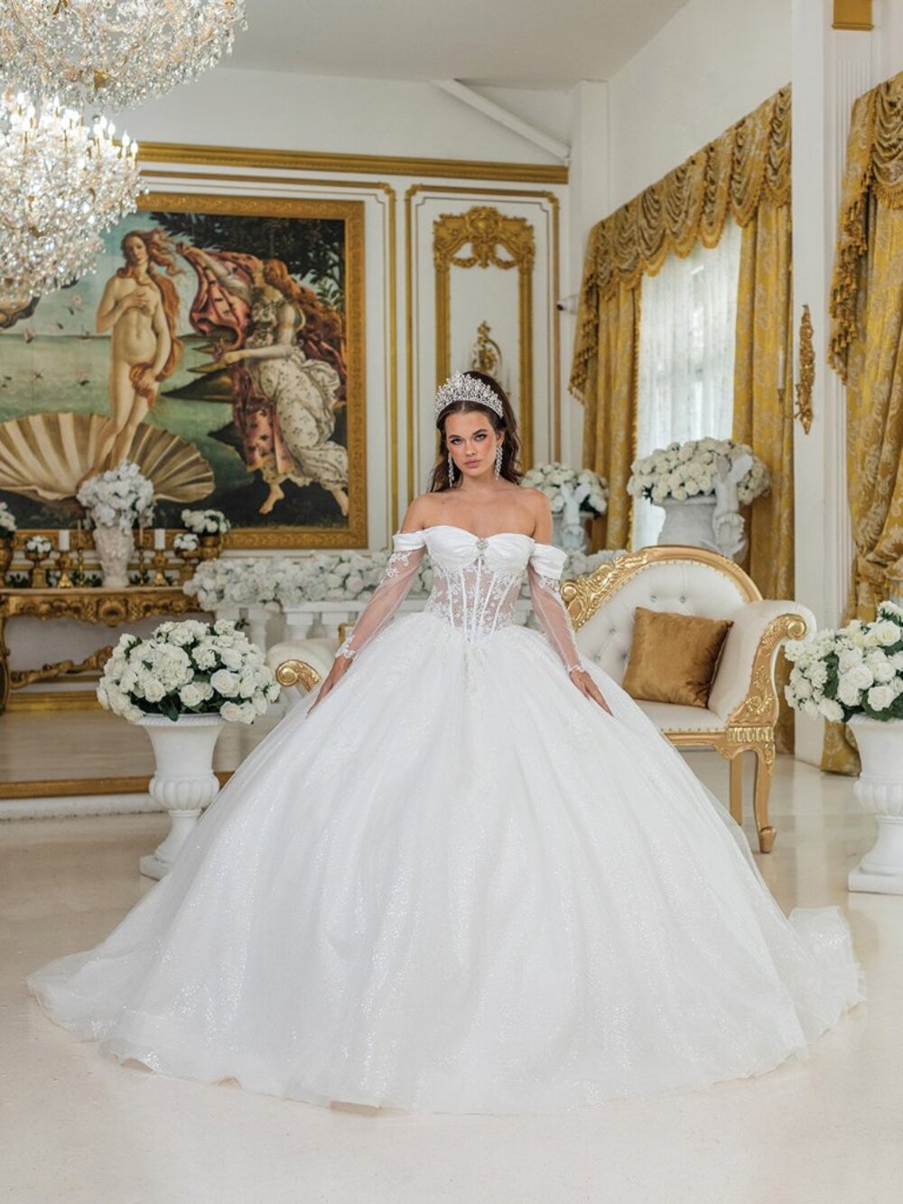 NEW OFF WHITE Glitter Shoulder Wedding Dress Floor Length 0292